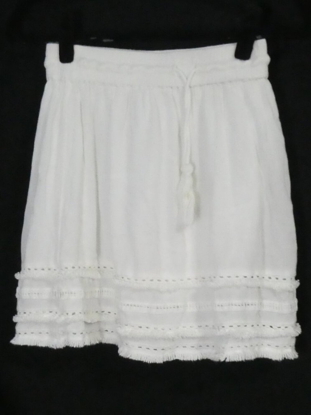H&M Lined White Lace Inset Mini Skirt Drawstring Tiered Boho Fringed - Size 6